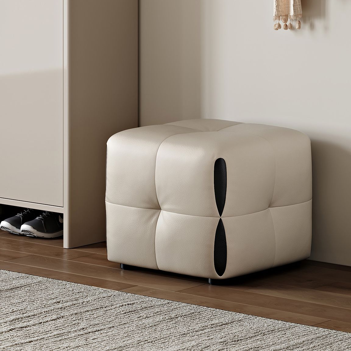 Modish Rectangle/Square Solid Color Standard Ottoman in Genuine Leather with Grey/Chalk/Caramel Upholstery and Button-tufted Finish