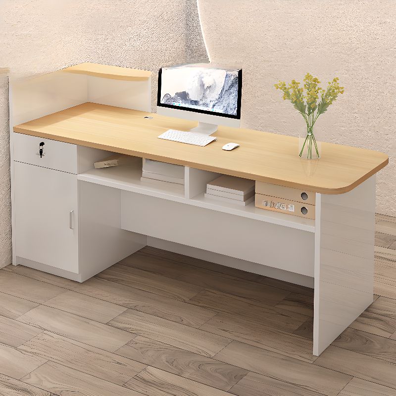 Rectangular Reception Desk with Locker, Locking Drawer, Cable Management, Filing Cabinet, and Manufactured Wood Top