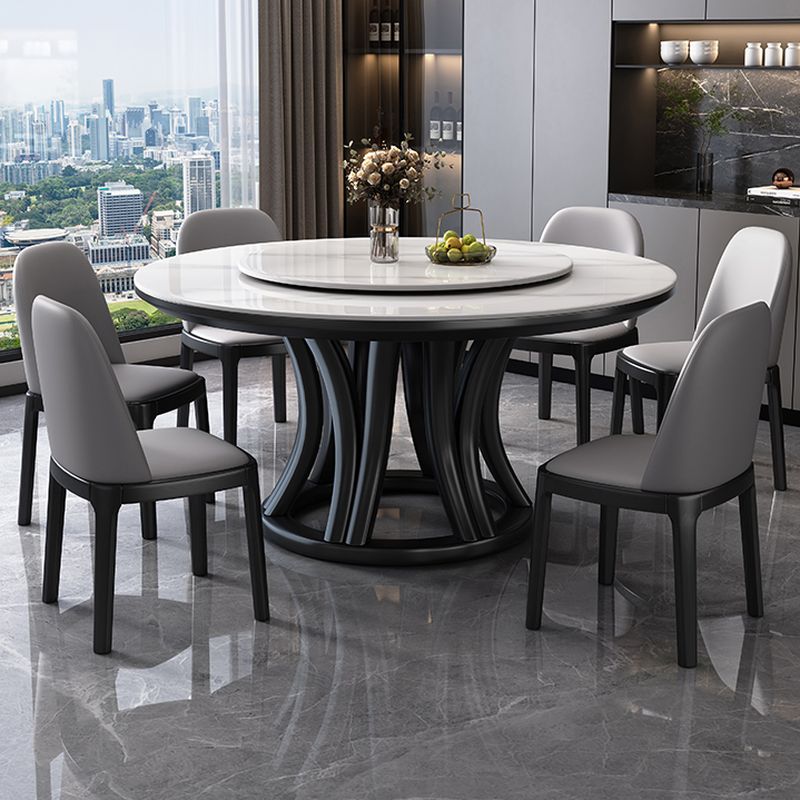 Scratch-proofed White Orbicular Turntable Marble Effect Dining Table with Natural Wood Single Pedestal Base for 10 People/4-seater/6-person Seating