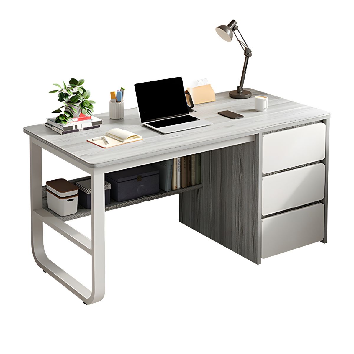 Contemporary Wood in White Writing Desk Shape in Rectangular with 3 Drawers