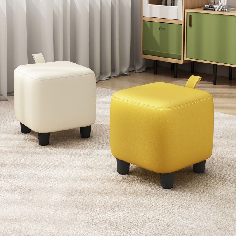 Trendy Square Solid Color Standard Ottoman in Slate Blue/Amber Color/Cream with Natural Wood Frame