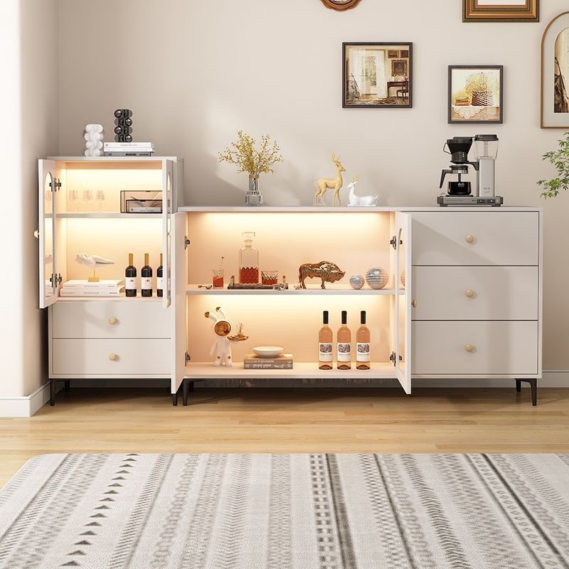 Antique White Self-supporting Microwave Shelf Cabinet with 3 Drawers, Standard Size, 2 Shelves, Engineered Wood Countertop, and Glass Doors