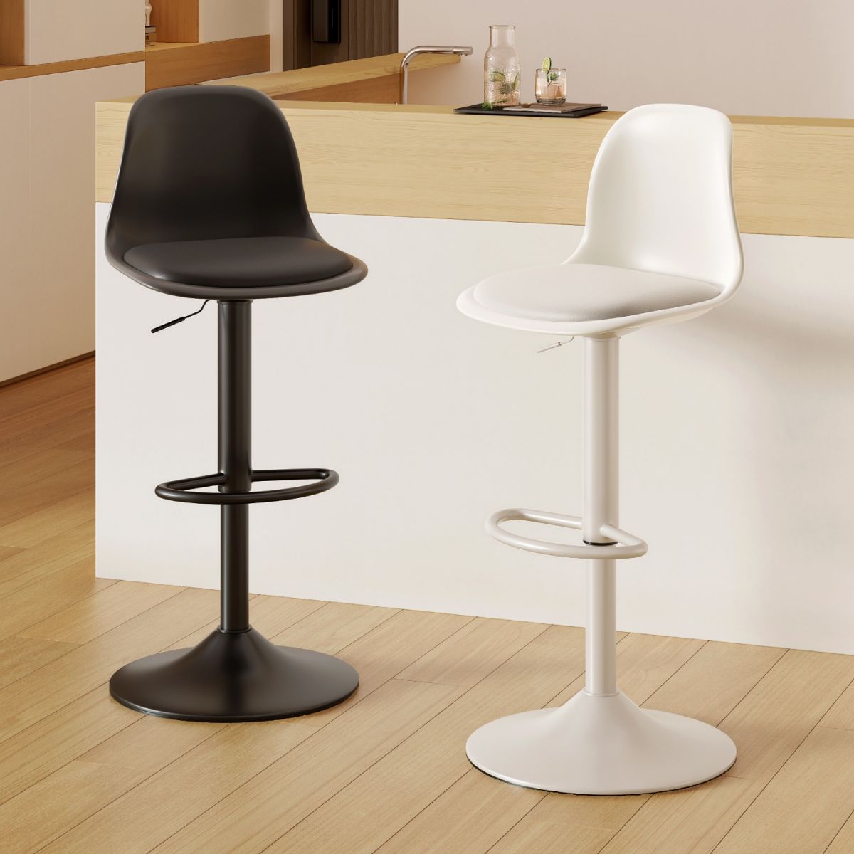Casual Adjustable Lift Rawhide Bar Stools in Midnight Black/Light Gray/White with Back, Turned Swivel, and Pail Seat