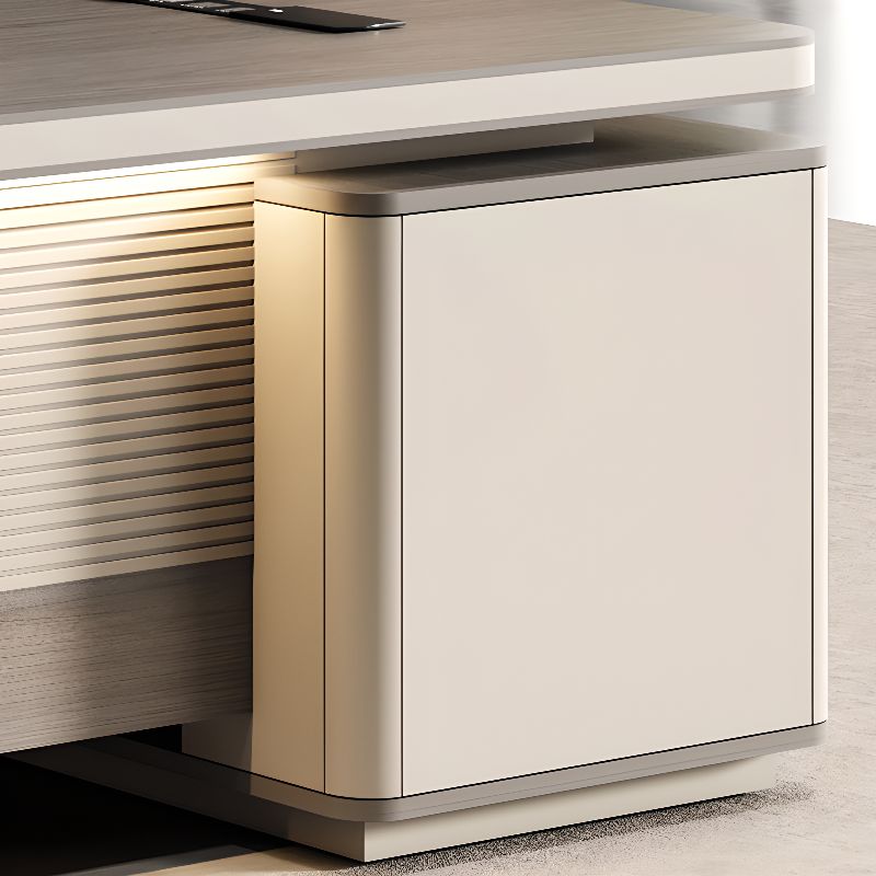 Single Pedestal Dyefast Gray Executive Desk with Cable Management, 2 Drawers, Exterior Shelf and Cooling Hole