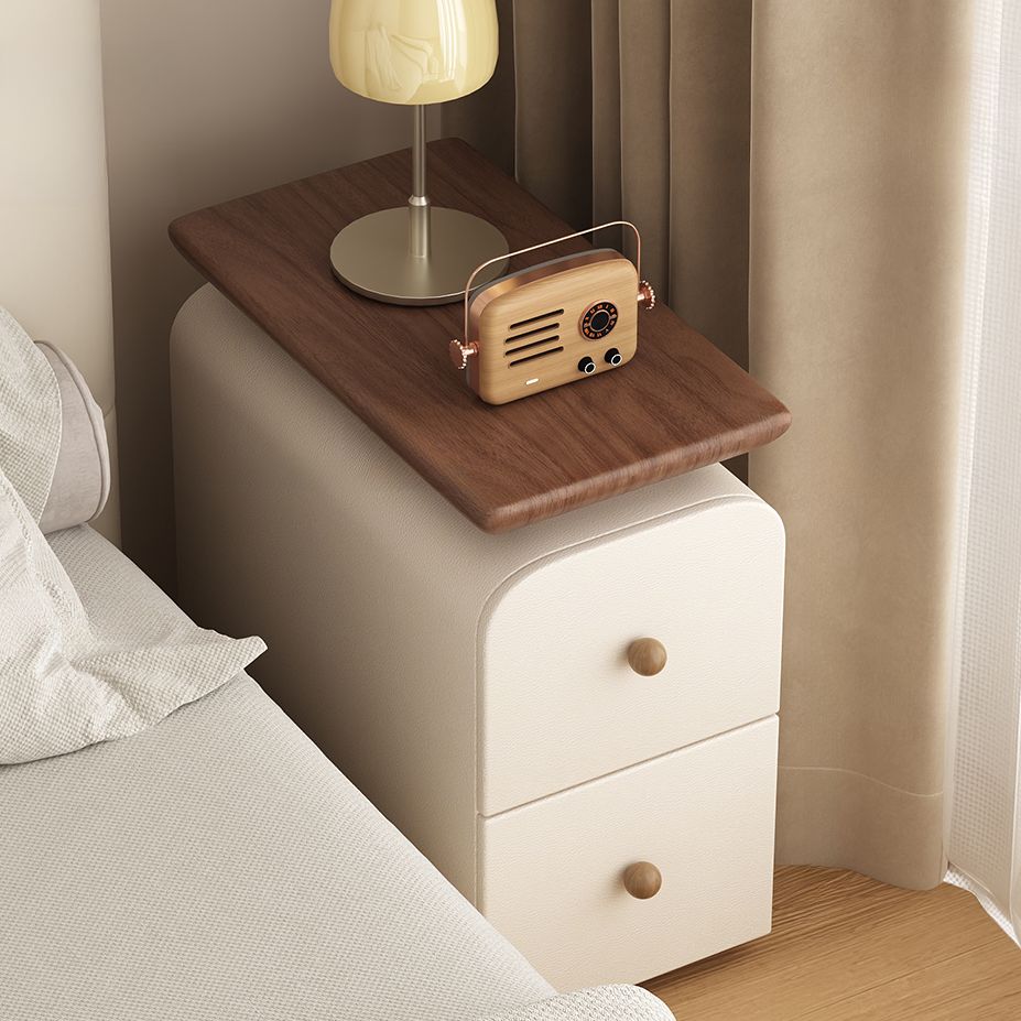 Modish Curved Nightstand with 2 Drawers and Natural Wood Countertop