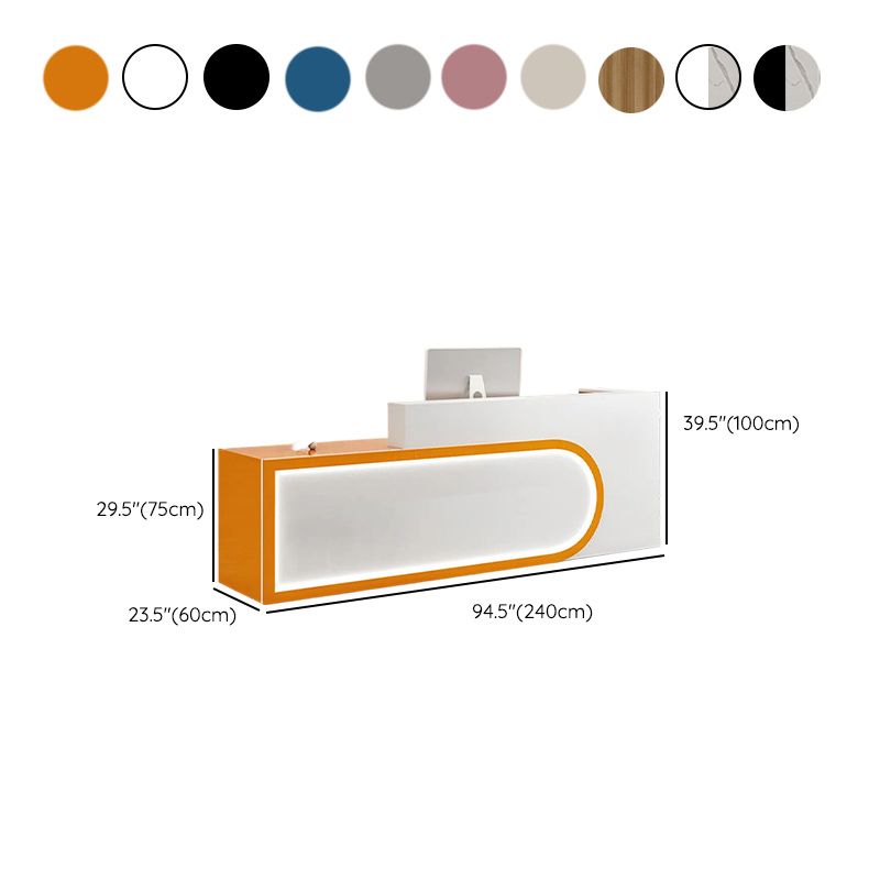 Rectangular Beige/Orange/Pink Manufactured Wood Top Reception Desk with Hutch, Keyboard Tray and Cable Management