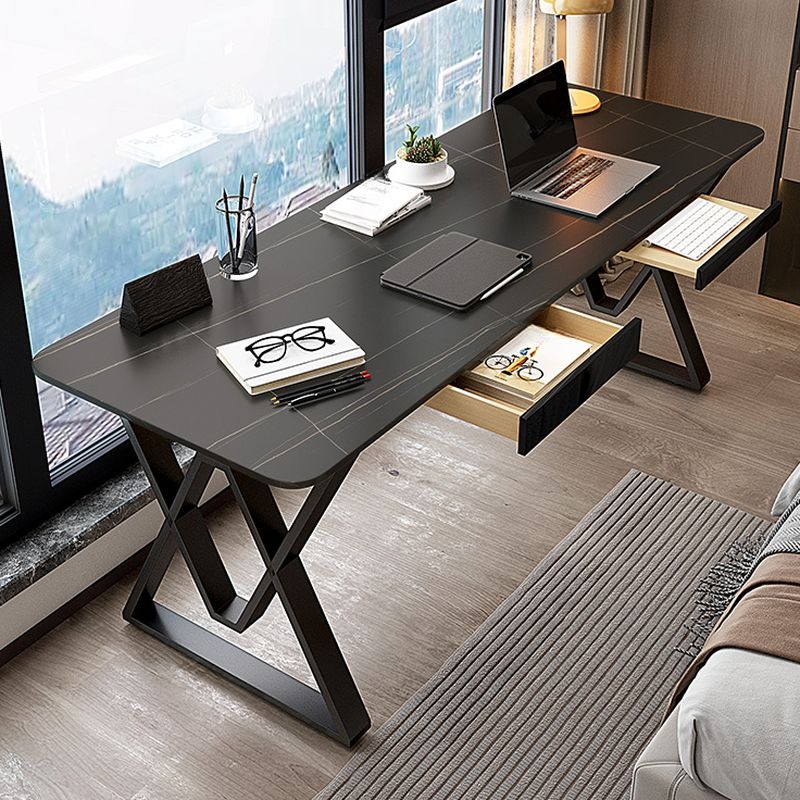 Easy Assembly Heat Resistant Writing Desk with 2 Drawers and Sleigh Base in Glossy Black Slate