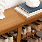Art Deco Light Brown Bambusa Rectangle Shoe Rack with 2 Shelves for 1-10 Pairs in Drawing Room