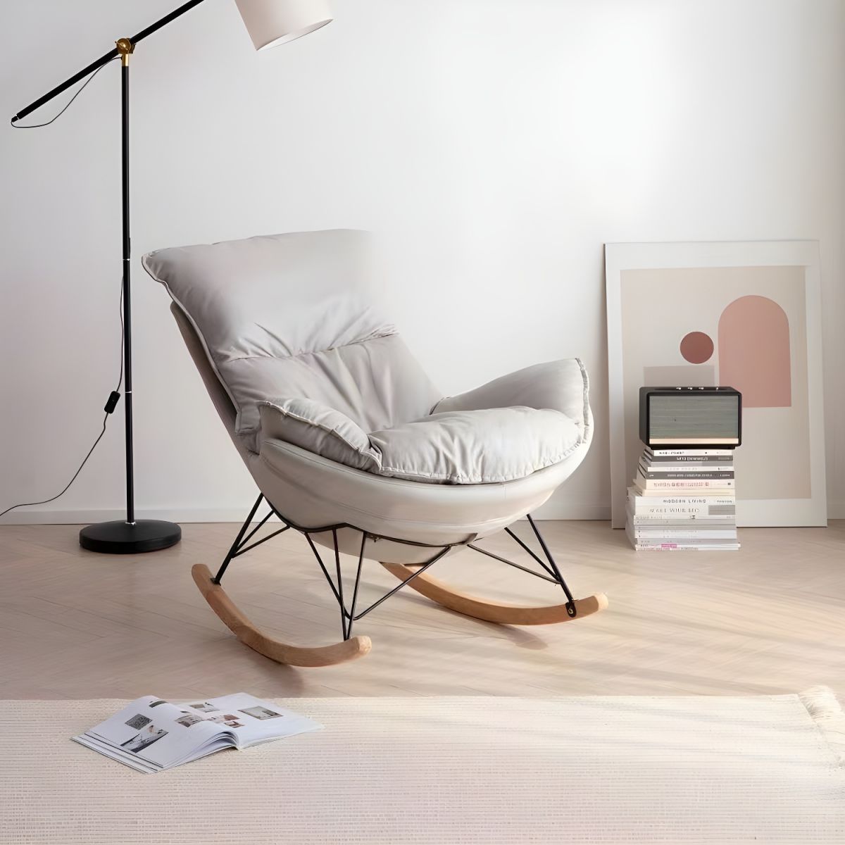 Modern Plain Rocking Chair Faux Leather Water Resistant Chair with Ottoman