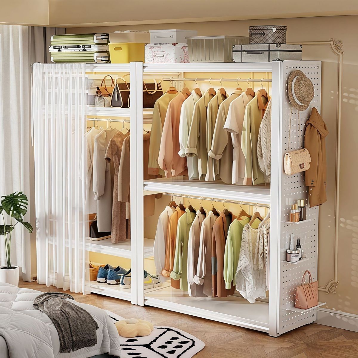 Chalk Contemporary Coat Rack with Receptacle, 3/4/5 Shelves, Steel Frame, and Alloy Bench