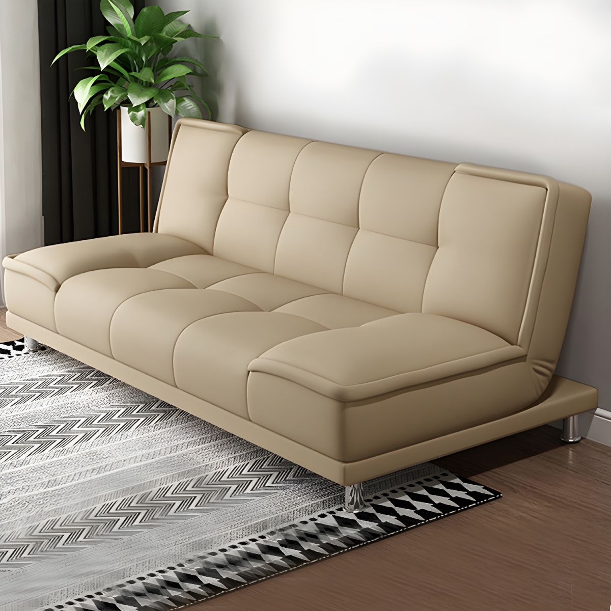 Armless Cotton Blend and Leather Convertible Contemporary Sofa Bed