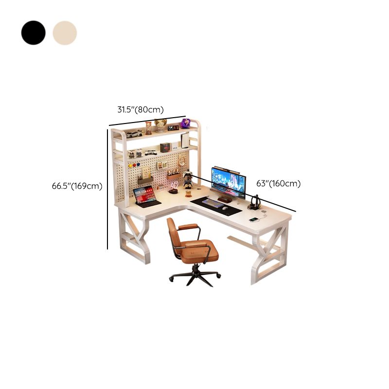 L-Shape Steel Desk with Warp Resistant Features and Shelves Included, Twin Support Base, Cable Management, and Rounded Corners