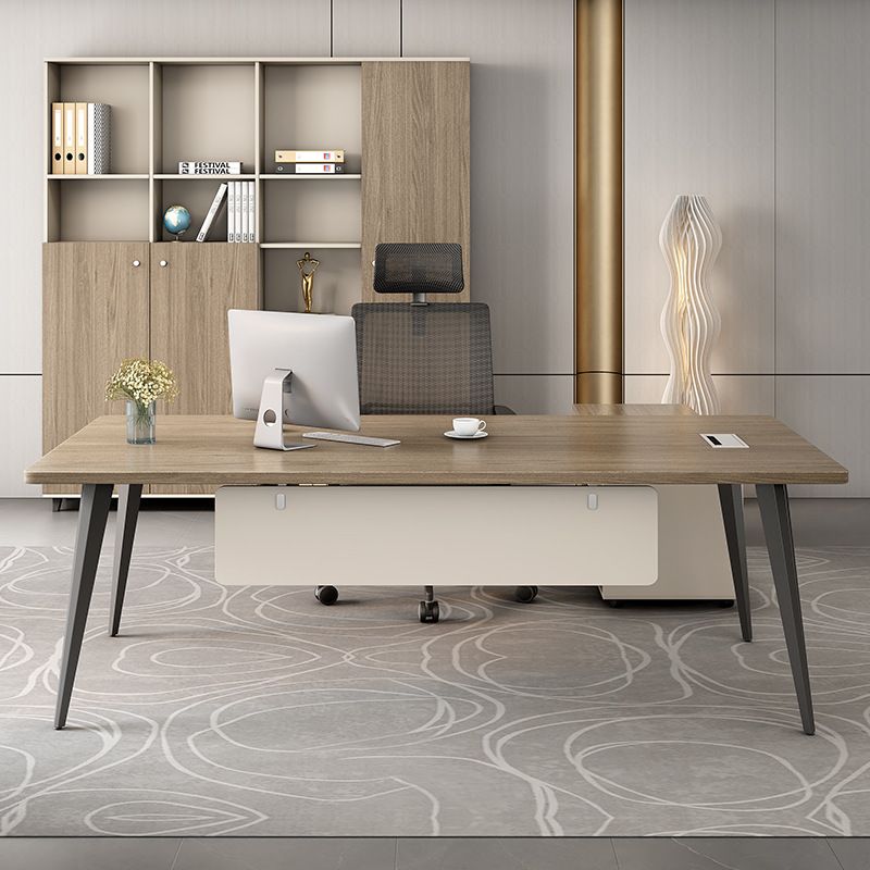 Office Desk in Modish Style with Scratch-proof Parsons Base, Cable Management, Sepia Laminate Top, and Front Splash