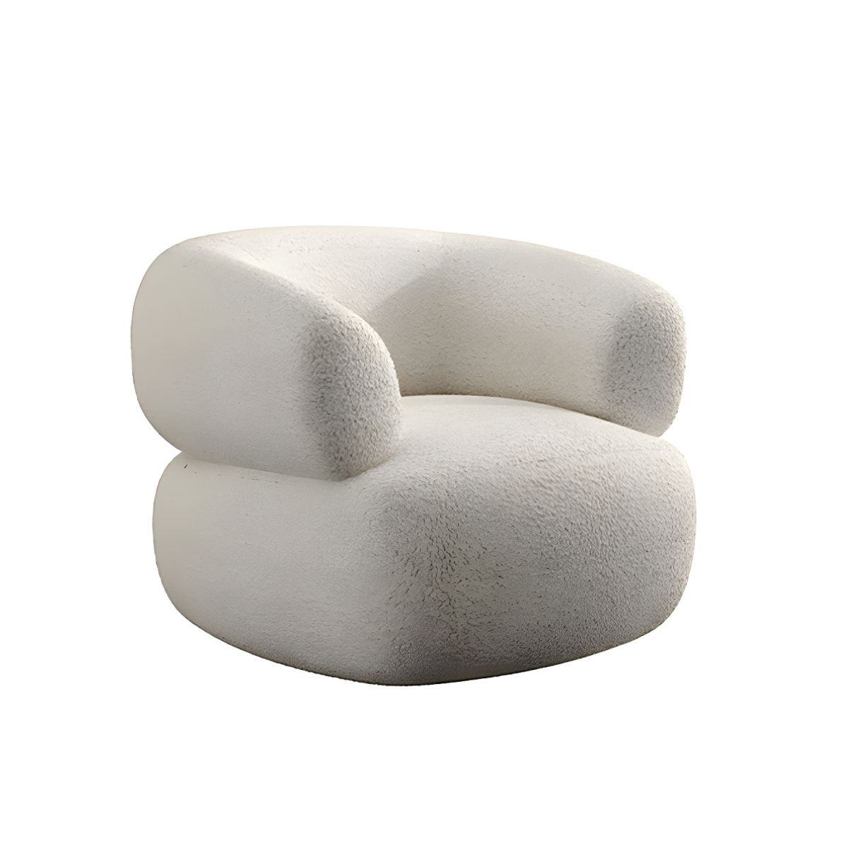 Modern Off-White Curved Sofa in Beige Sherpa Upholstery with Tuxedo Arm