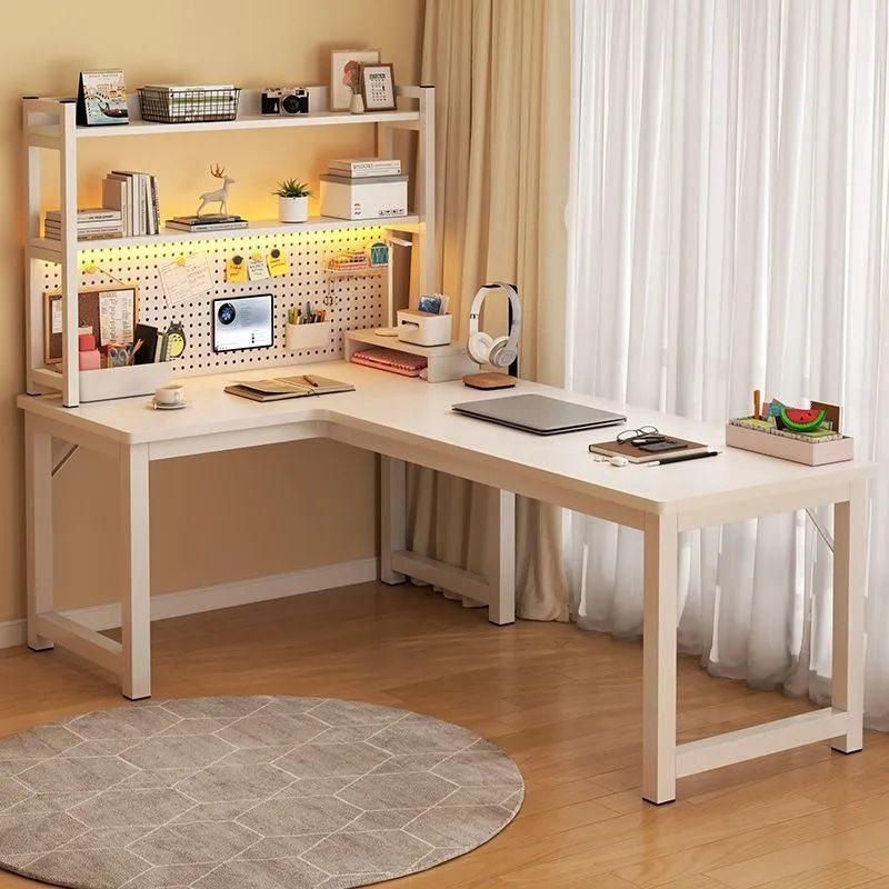 Steel H-Shape Frame L-Shape Warp Resistant White Office Computer Desk with Cable Management and Rounded Corners, Cable Management Included