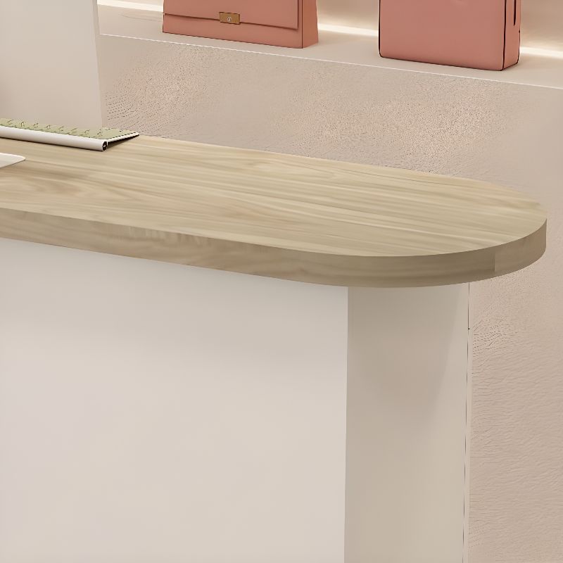 L-Shape Reception Desk with Cabinet, Hutch, Desk Return, Wood Color Top, Filing Cabinet, and Manufactured Wood Top