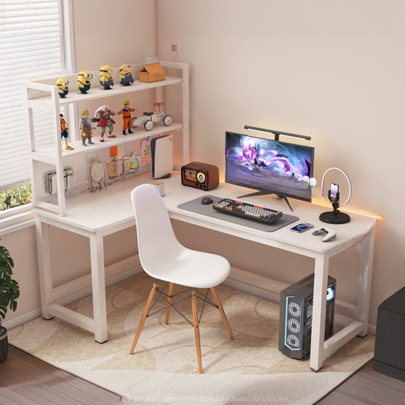 Ergonomic L-Shape Desk with Distortion-resistant Trestle Base, Includes Exterior Shelf and Desk Return, Engineered Wood Top