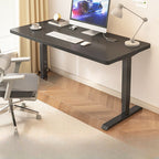 Modern Rectangular Height-Adjustable Laminate Desk in Midnight Black/Chalk/Light Brown with Cable Management and Hand-Operated Office Computer Desk