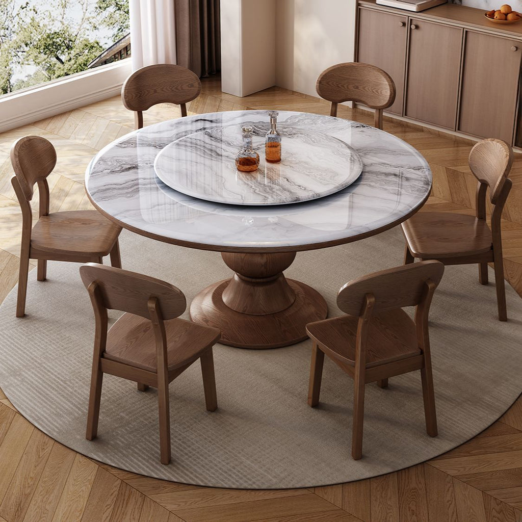 Circular Auburn Marble Dining Table with Pedestal Base, Lazy Susan, and Dirt-resistant Microcrystalline Stone for 8-person Seat/for 10