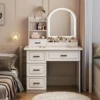 Modern Standard Vanity Set in White with 5 Drawers, Timber Frame, Mirror Lights, and Seat