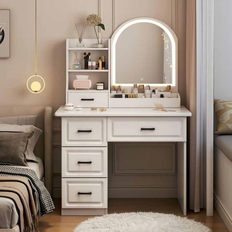 Modern Standard Vanity Set in White with 5 Drawers, Timber Frame, Mirror Lights, and Seat