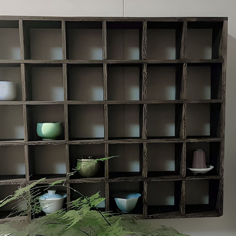 Pecan Floating Mount Accent Cabinet with Visible Storage, Wall Cabinet, and Fitted Assembly