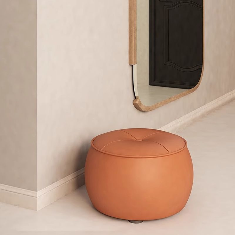 Simple Orbicular Solid Color Standard Ottoman in Vinyl Leather with Stitch-tufted Design