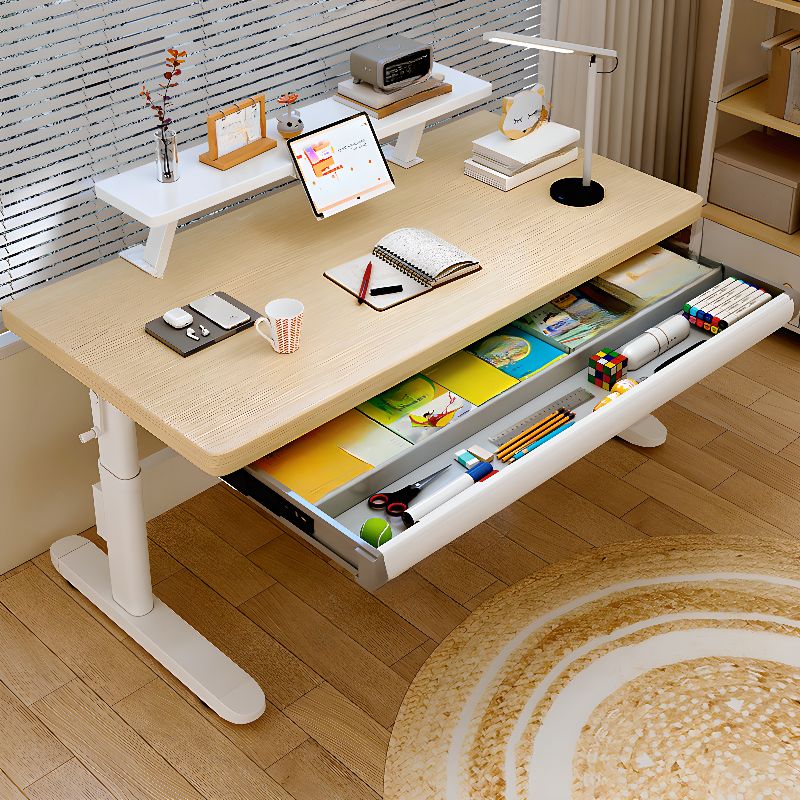 Trestle Mold-resistant White/Wood Grain Self-supporting Manually Controlled Moves Up and Down Standing Desk with/without 1 Drawer