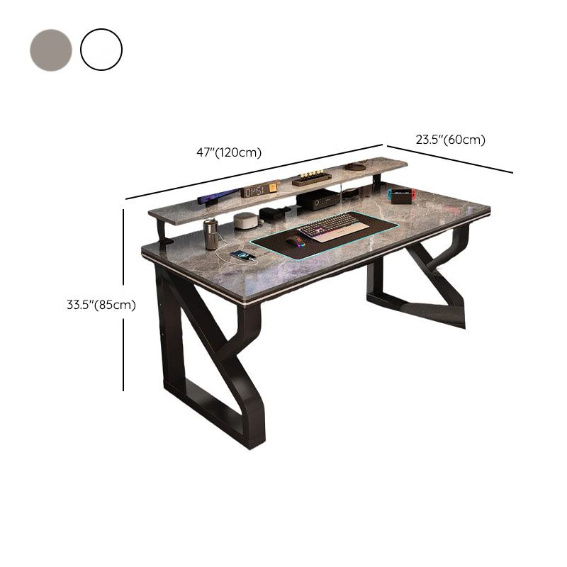 Grey/Chalk Minimalist Gaming Computer Desk with Rust Resistant Trestle Base, Exterior Shelf, Wire Management, and Stone Top