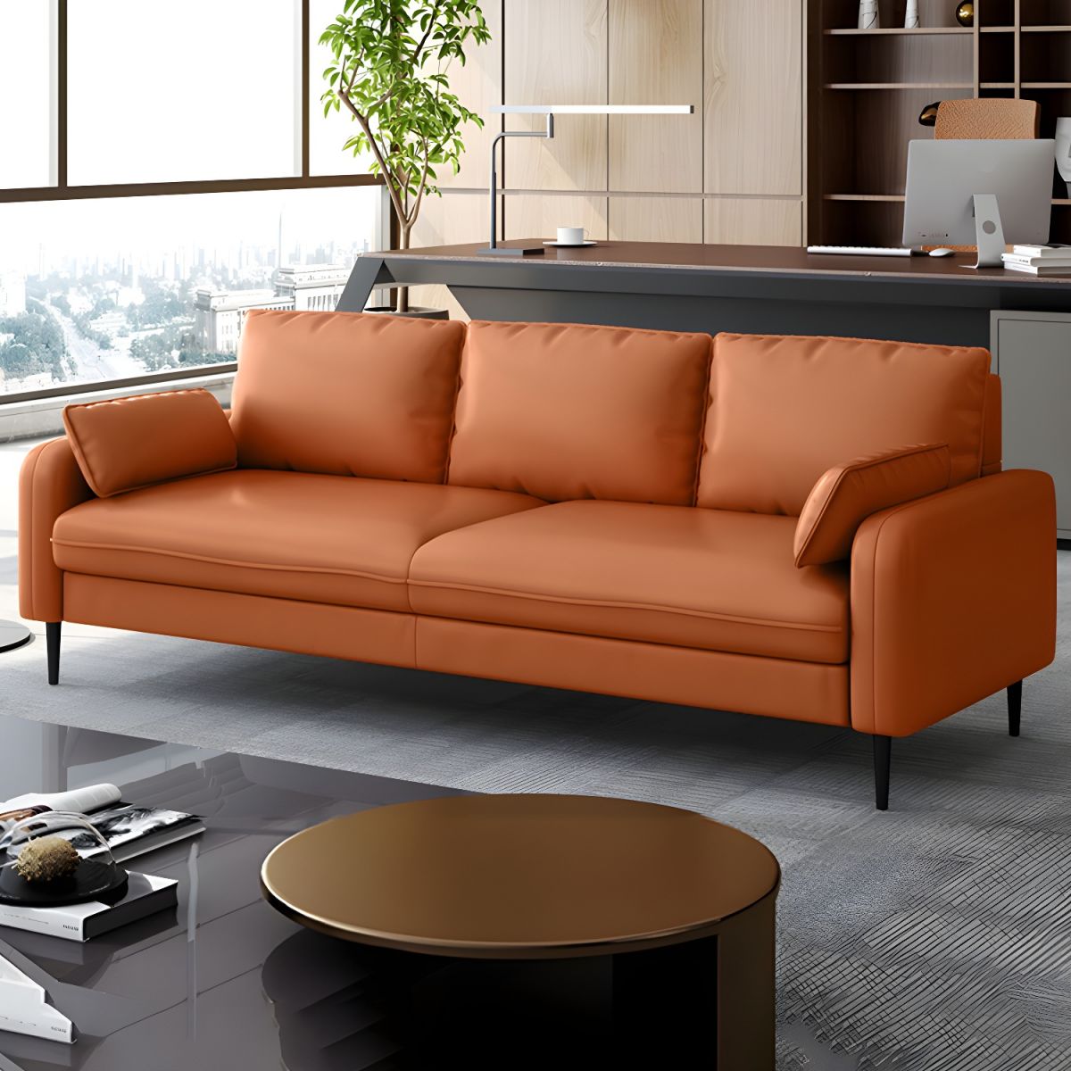 3-Seater Faux Leather Sofa Mid Century Loose Back Square Arm Settee