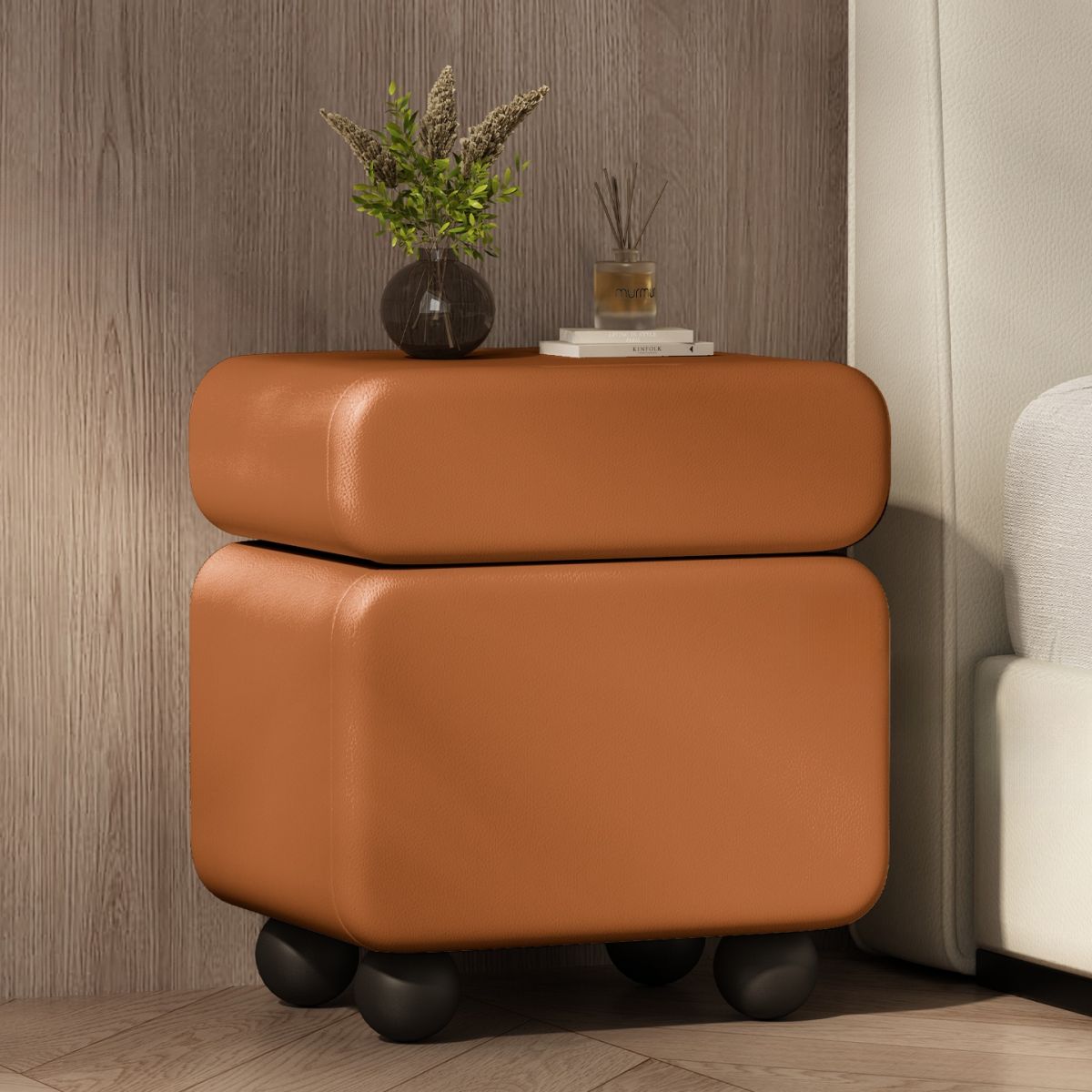 Modish Nightstand With Drawer Organization Featuring 1 Drawer, 1 Cabinet, Right Orientation, and Lumber Countertop