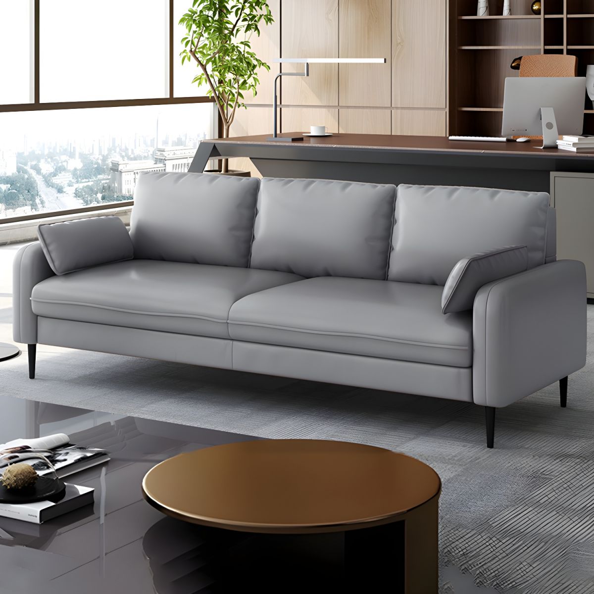3-Seater Faux Leather Sofa Mid Century Loose Back Square Arm Settee