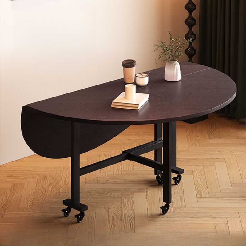 Minimalist Orbicular Half-folding Table with Black Base, Casters, and Odor Repellent Faux Wood Top