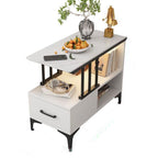 Contemporary Chairside Table with Stone Top and 4 Legs in Rectangle Shape, Featuring Shelf and Compartment