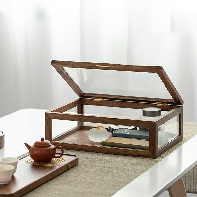 Modern Simple Style Walnut Wood Display Stand with Glass Doors