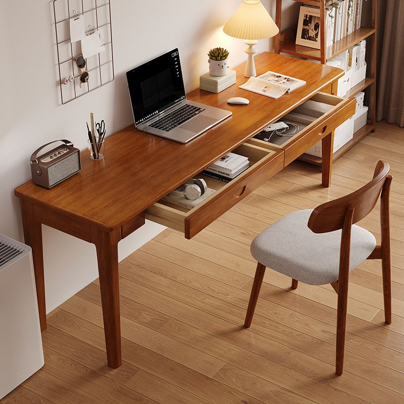 Trendy Rectangular Natural Wood Writing Table with Auburn/Unfinished Color Drawers
