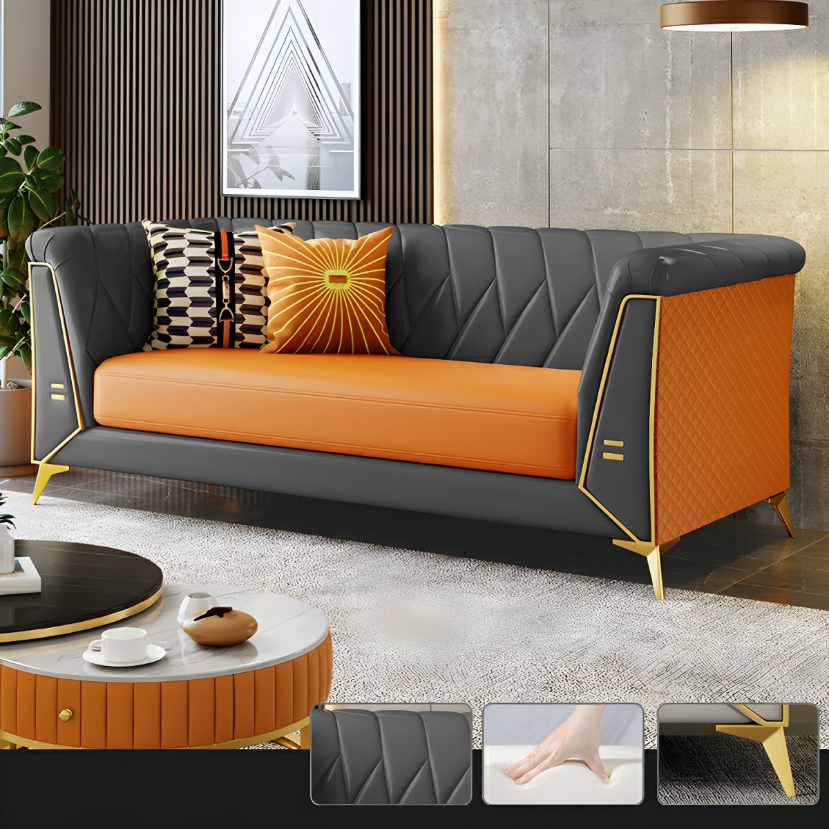 Glam Faux Leather Standard Sofa with Tuxedo Arms in Solid Color