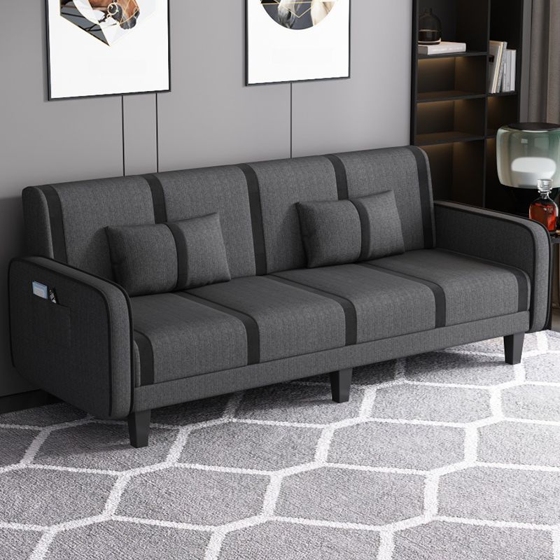 Striped Convertible Sofa in Pu Leather/Flannel with Cerulean/Light Brown/Off-White Upholstery and Armrest