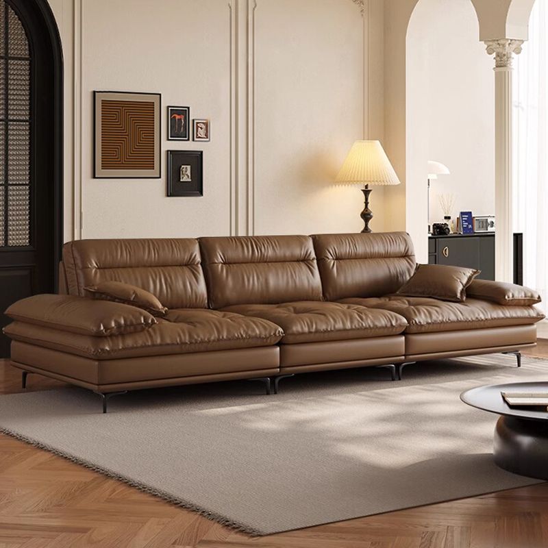 Modish Solid Color Stain Resistant Standard Sofa/Loveseat in Auburn with Pillow Top Arm and 2 Pillows for 5 Person/4-seater/3-seater