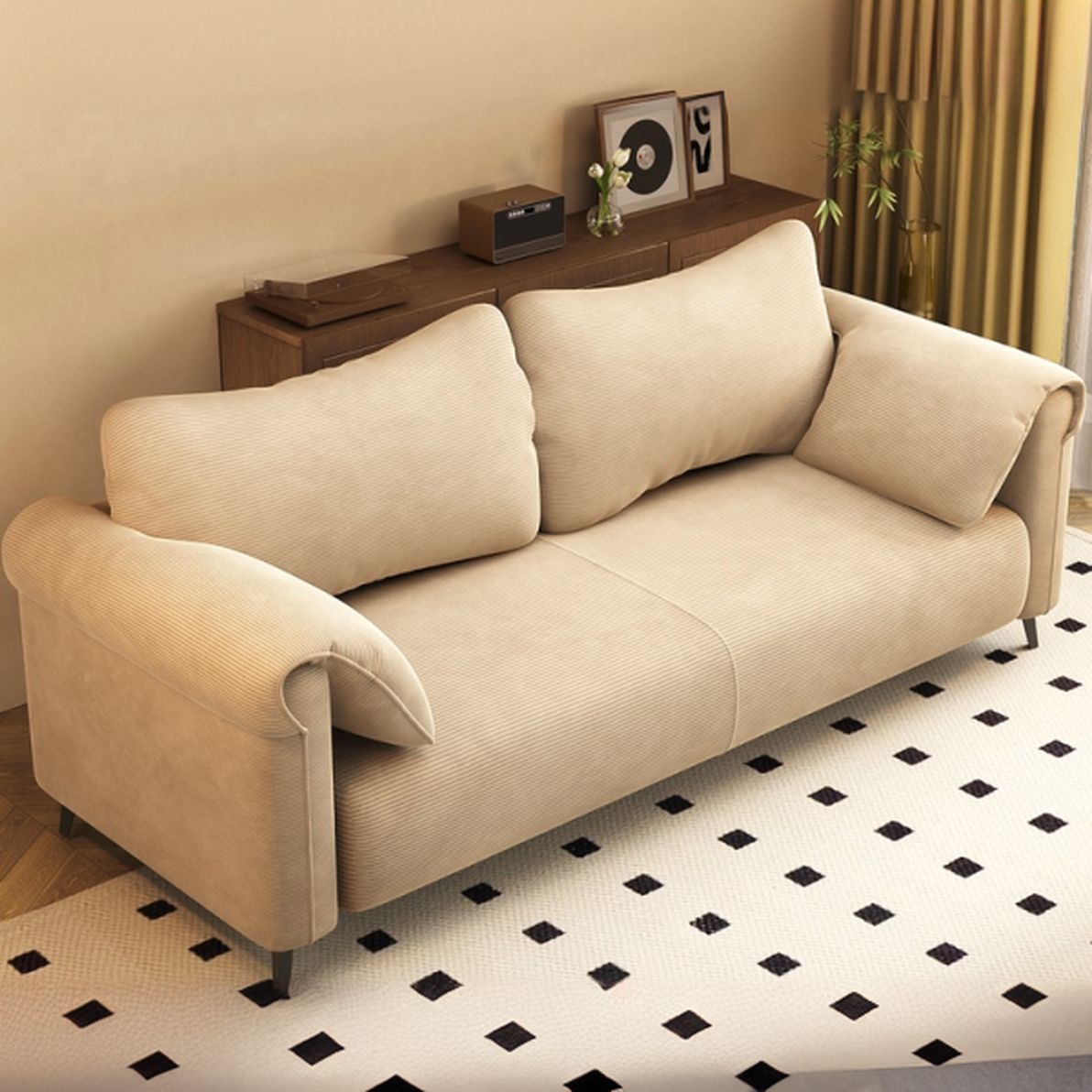 Trendy Solid Color Stain Resistant Loveseat in Black/Beige with Arm for 2 People and 2 Pillows