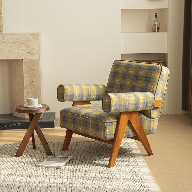 Art Deco Crisscross Arm Chair with Sewn Pillow Back in Yellow/Sky Blue/Light Brown and Arms