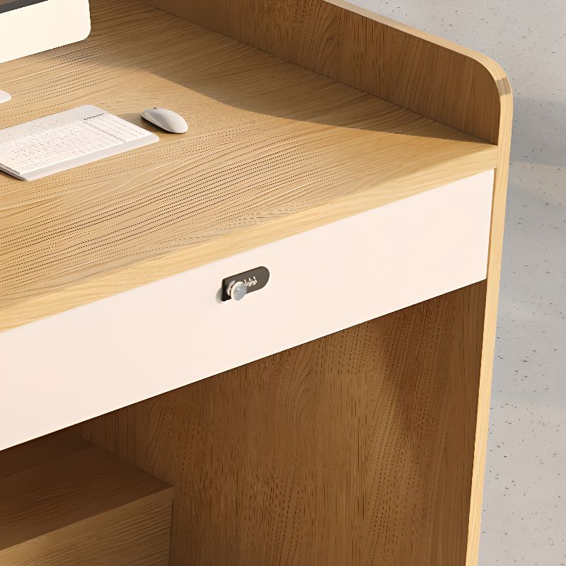 Natural Finish Timber Base with 3/2/1 Drawer, Stump Base, Floor Mounted, Cable Management, and Front Splash