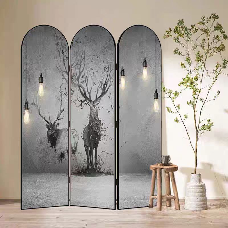 Indoor Opaque Collapsible Natural Wood Room Screen with 3 Panels, Double Sided Print, and Freestanding Design