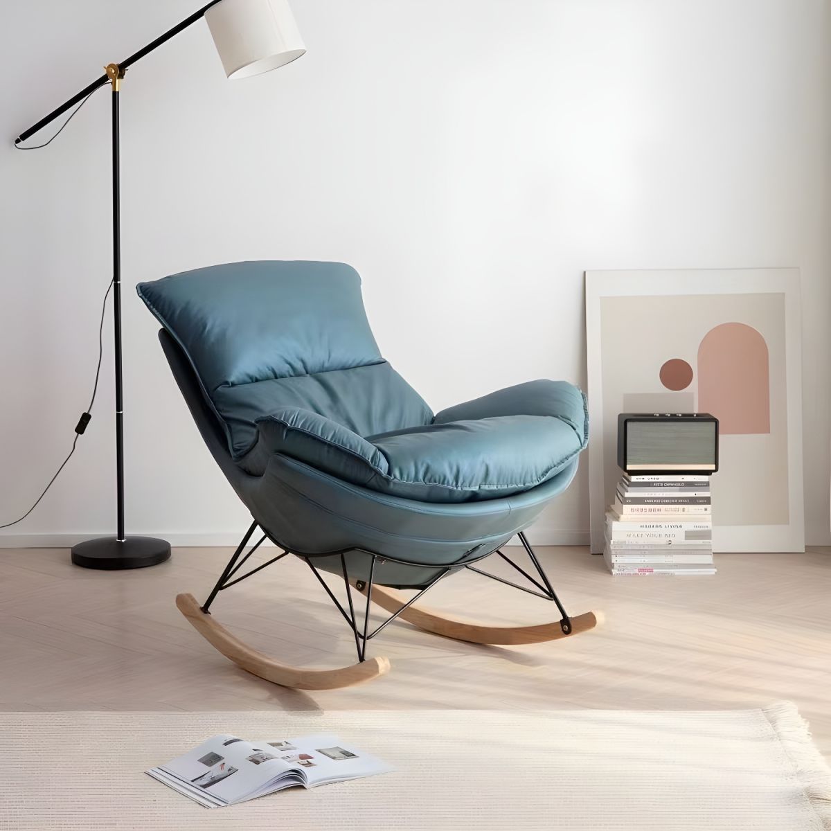 Modern Plain Rocking Chair Faux Leather Water Resistant Chair with Ottoman