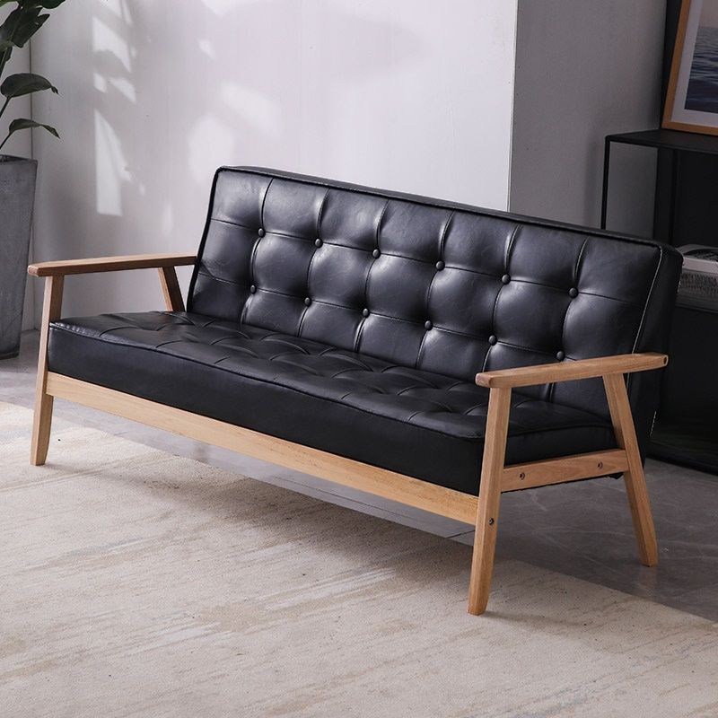 Contemporary Modern Solid Color Scratch-durable Standard Sofa in Midnight Black/Cerulean/Jade Green Pu Leather, Seats 3