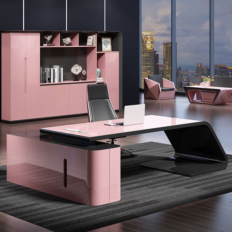Rose Executive Desk with 3 Drawers, Cabinet, Exterior Shelf, Cable Management, Cooling Hole & Pedestal Base, Scratch Resistant