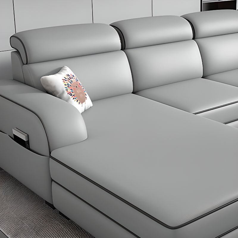 Modish Solid Color Tear Resistant Standard Sofa in Light Gray with Seats 5/Seats 4/Seats 3, Receptacle Storage, and 2 Pillows