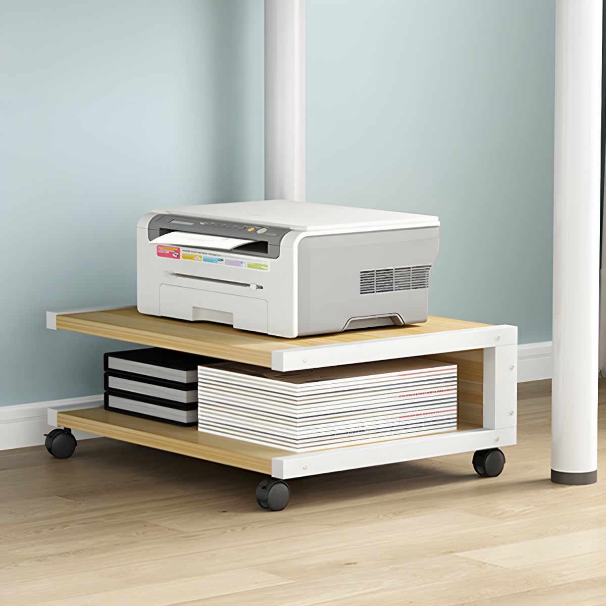 Ultra-Functional Compact Printer Stand with Locking Casters, Wood Material, Limited Warranty