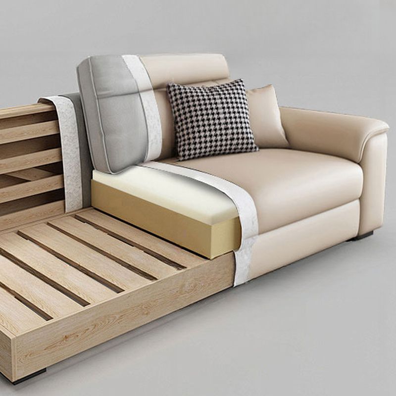 Standard Sofa in Beige Leather with Armrest and 4 Pillows