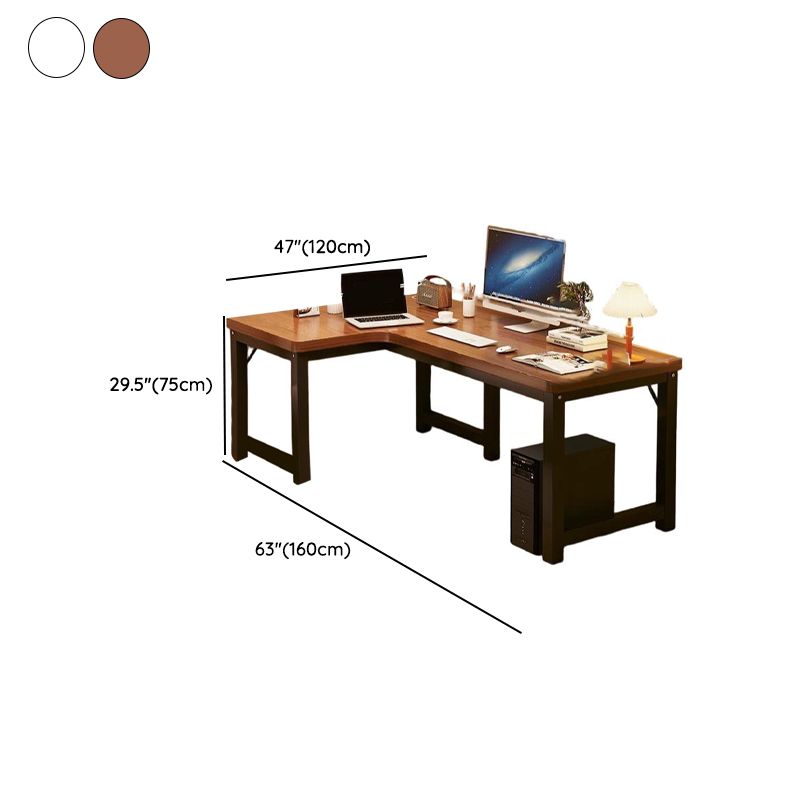 Chalk/Brown Minimalist L-Shape Distortion-resistant H-Shape Desk with Exterior Shelf and Wire Management in Natural Wood